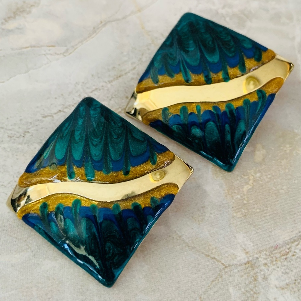 Blue Green Enamel Peacock Design 80’s Pierced Earrings
